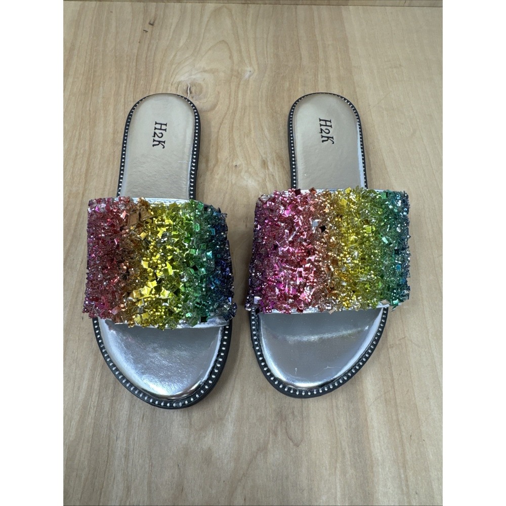 H2K Womens Sandals Sz 5 M Glitter Bling Fancy Slide Flat Low Sparkle Shoes